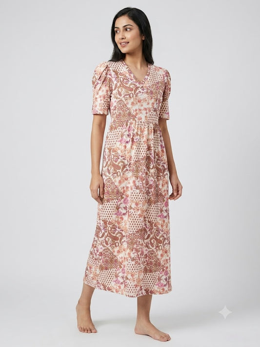 Cream with Brown Paisley Printed V-Neck Lounge Frock