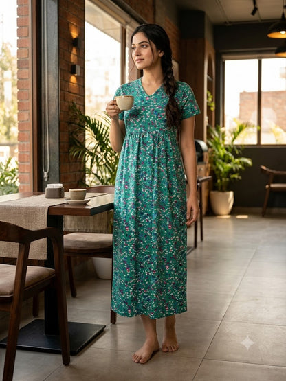 Teal Pink Flower Printed Lounge Frock