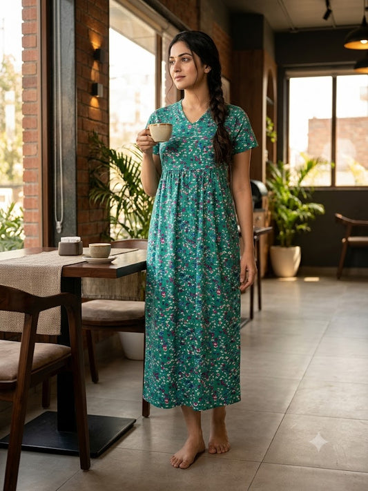 Teal Pink Flower Printed Lounge Frock