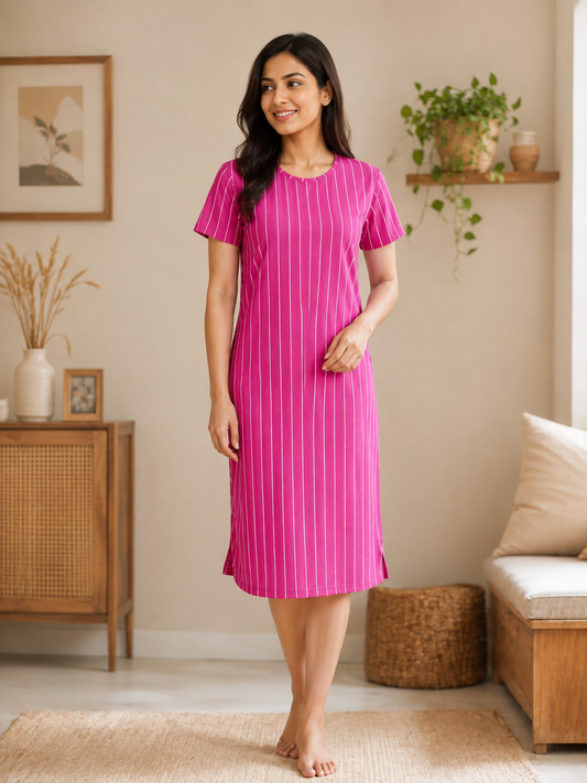 Rani Pink Vertical Pinstripe Women's Cotton Nighty
