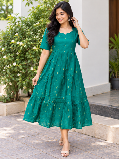 Teal Green Printed Budget Friendly Frock