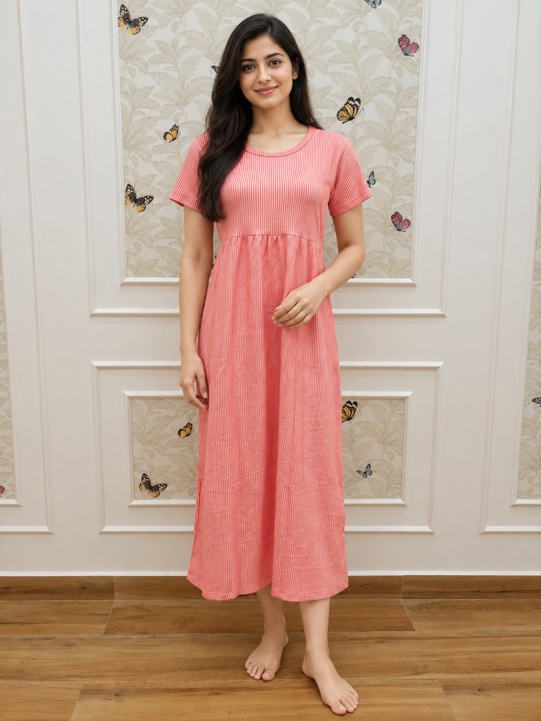 Coral Red Pin Stripe Short Sleeve Lounge Frock