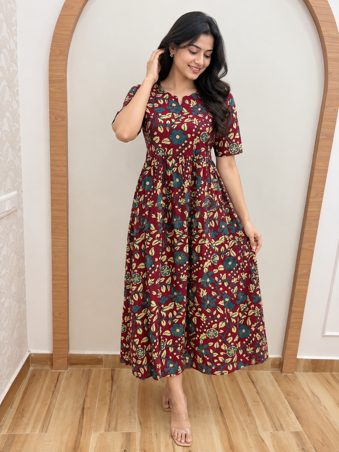 Maroon Floral Bloom Jaipur Cotton Non Feeding Maxi