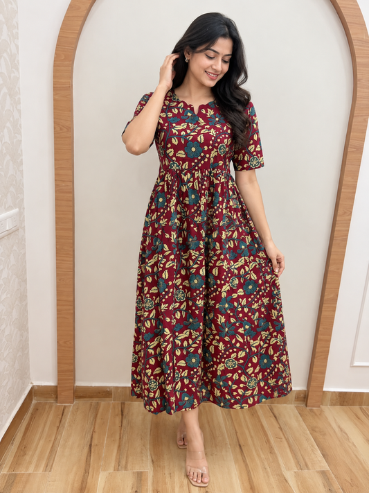 Maroon Floral Bloom Jaipur Cotton Non Feeding Maxi