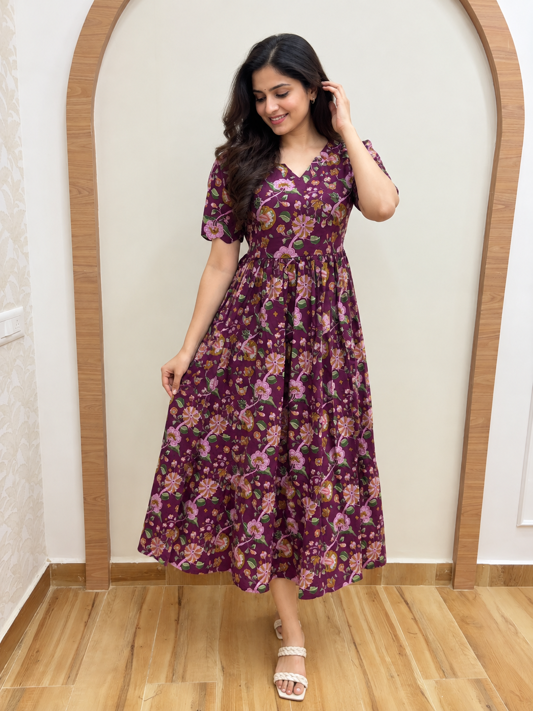 Plum Purple Multicolor Floral Vine Print Pure Jaipur Cotton Non-Feeding Maxi