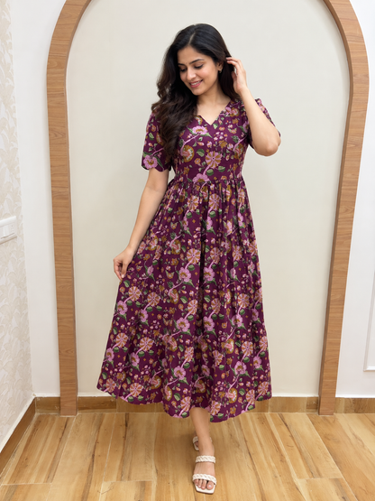 Plum Purple Multicolor Floral Vine Print Pure Jaipur Cotton Non-Feeding Maxi