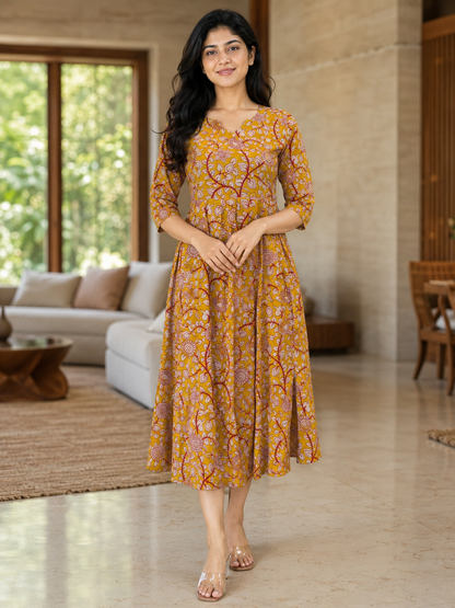 Mul Cotton Fabric Mustard Floral Paisley Print Non Feeding Maxi