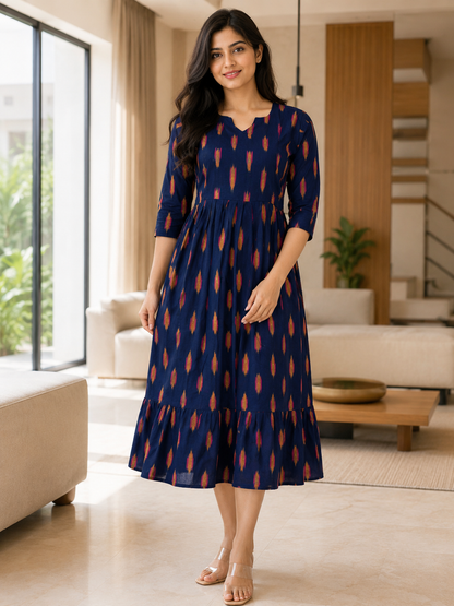 Mul Cotton Fabric Navy Blue Ikat Dash Print Non-Feeding Maternity Maxi