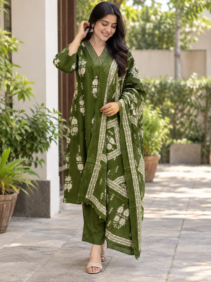Olive Green Floral Print Chanderi Cotton 3-Piece Set