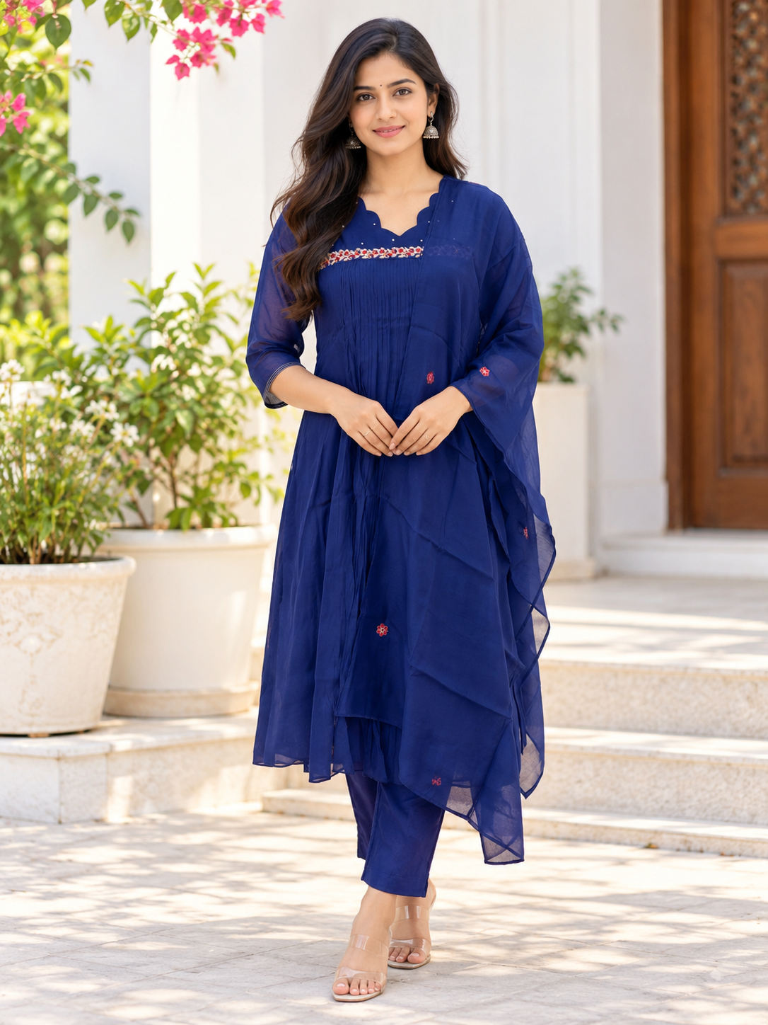 Mul chanderi A line with work Royal Blue Embroidered Anarkali 3 Piece Suit