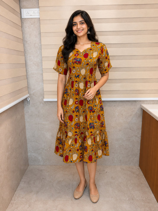 Kalamkari Mustard Ochre Royal Elephant & Pomegranate Cotton Frock