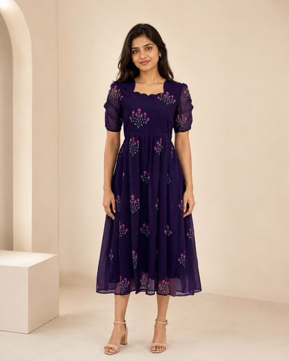 Deep Purple Floral Bouquet Non-Feeding Georgette Maxi