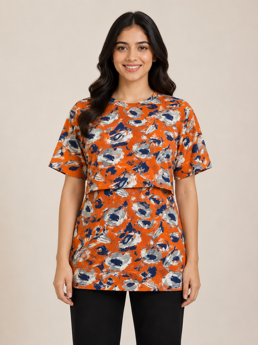 Burnt Orange Abstract Floral Brush Print Feeding Maternity T-Shirt
