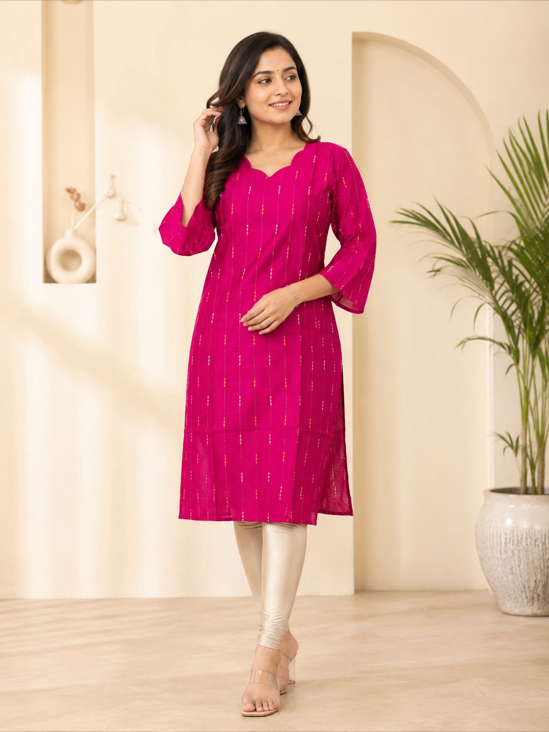 Rani Pink Golden Stripe Straight Kurti