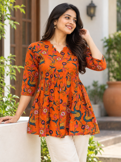 Orange Kalamkari Peacock Print Feeding Kurti Top