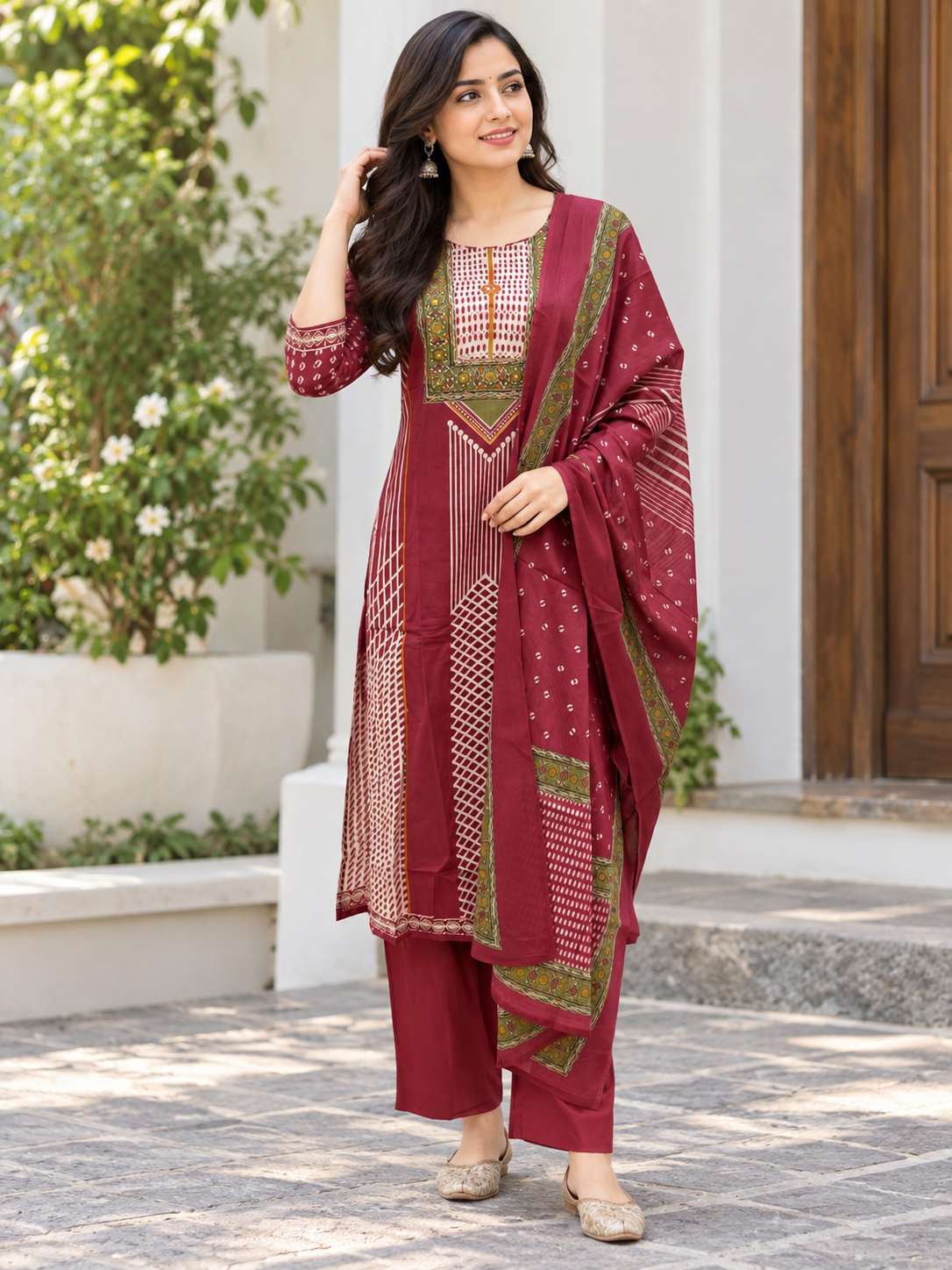 Wine Maroon Geometric Block Print Vatican Cotton 3-Piece Set