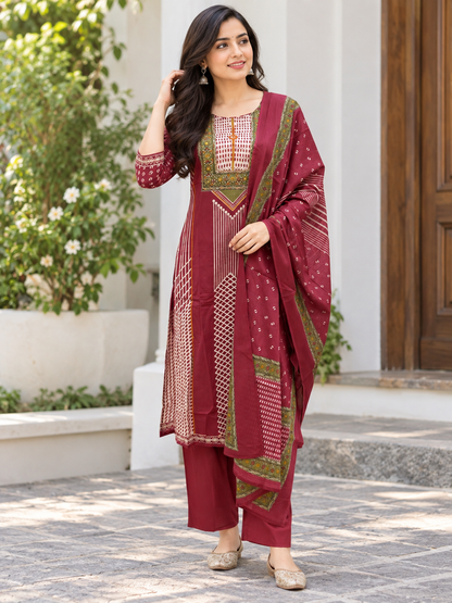 Wine Maroon Geometric Block Print Vatican Cotton 3-Piece Set