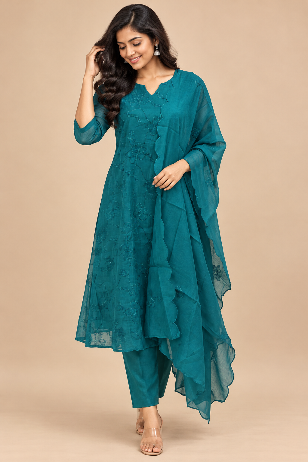 Elegant Soft coral line Teal Blue Floral Embroidery Women's Anarkali 3 piece Suit