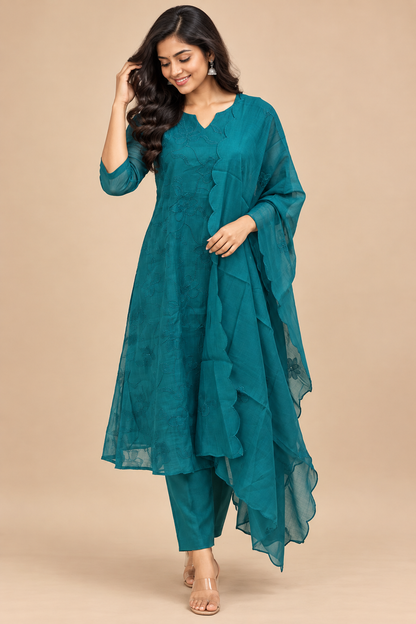 Elegant Soft coral line Teal Blue Floral Embroidery Women's Anarkali 3 piece Suit