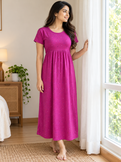Magenta Confetti Dot Print Short Sleeve Lounge Frock