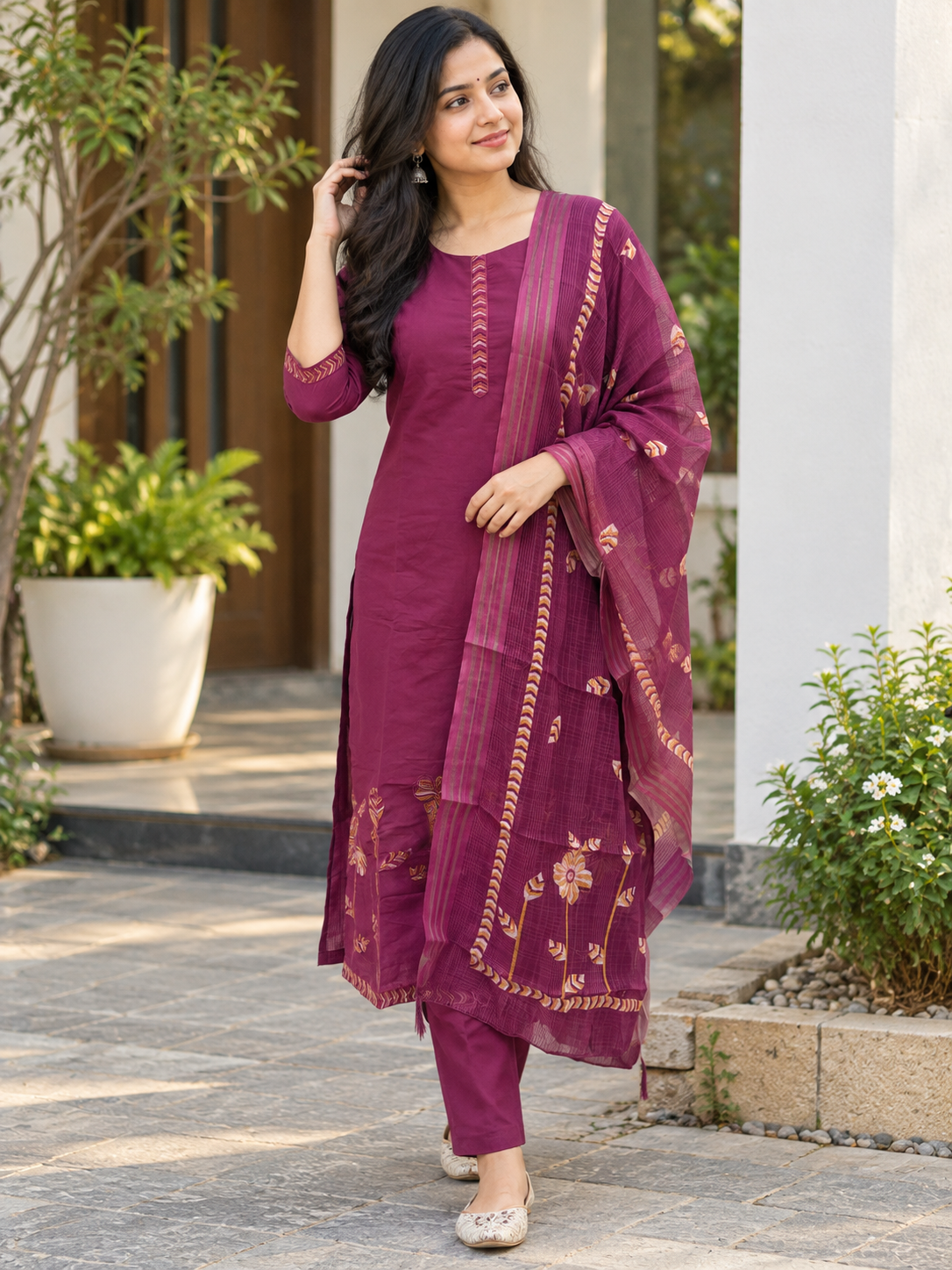 Maroon silk cotton 3 piece kurta set