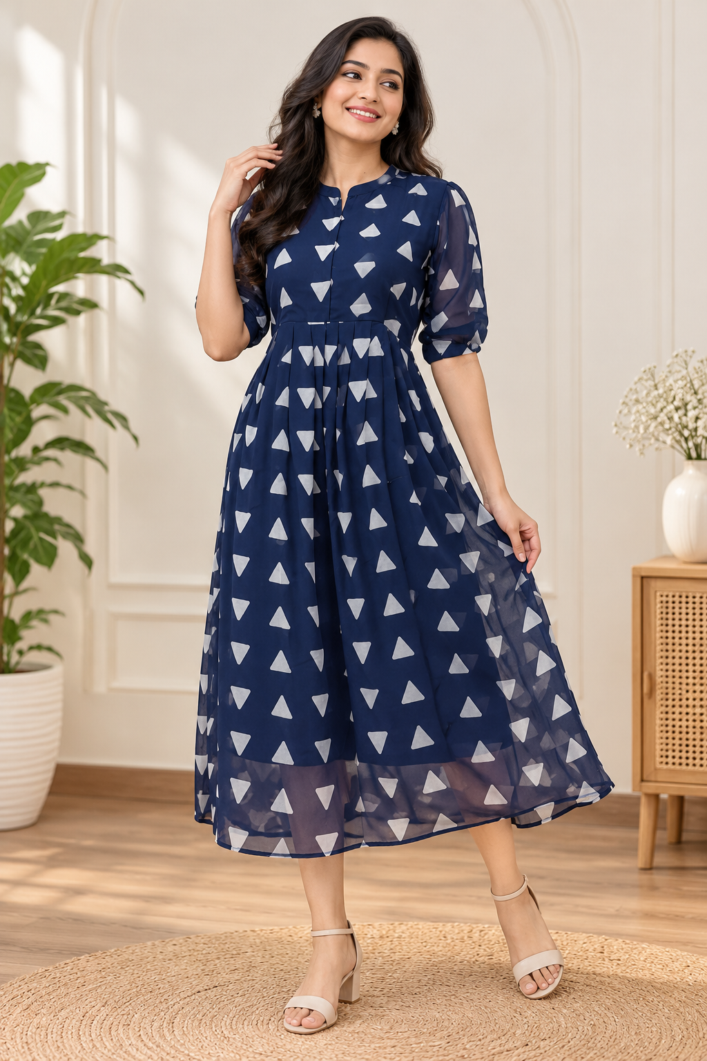 Navy Blue White Triangle Print Center Zip Maxi Dress