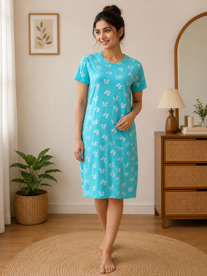Aqua Blue Butterfly Printed Lounge Tunics