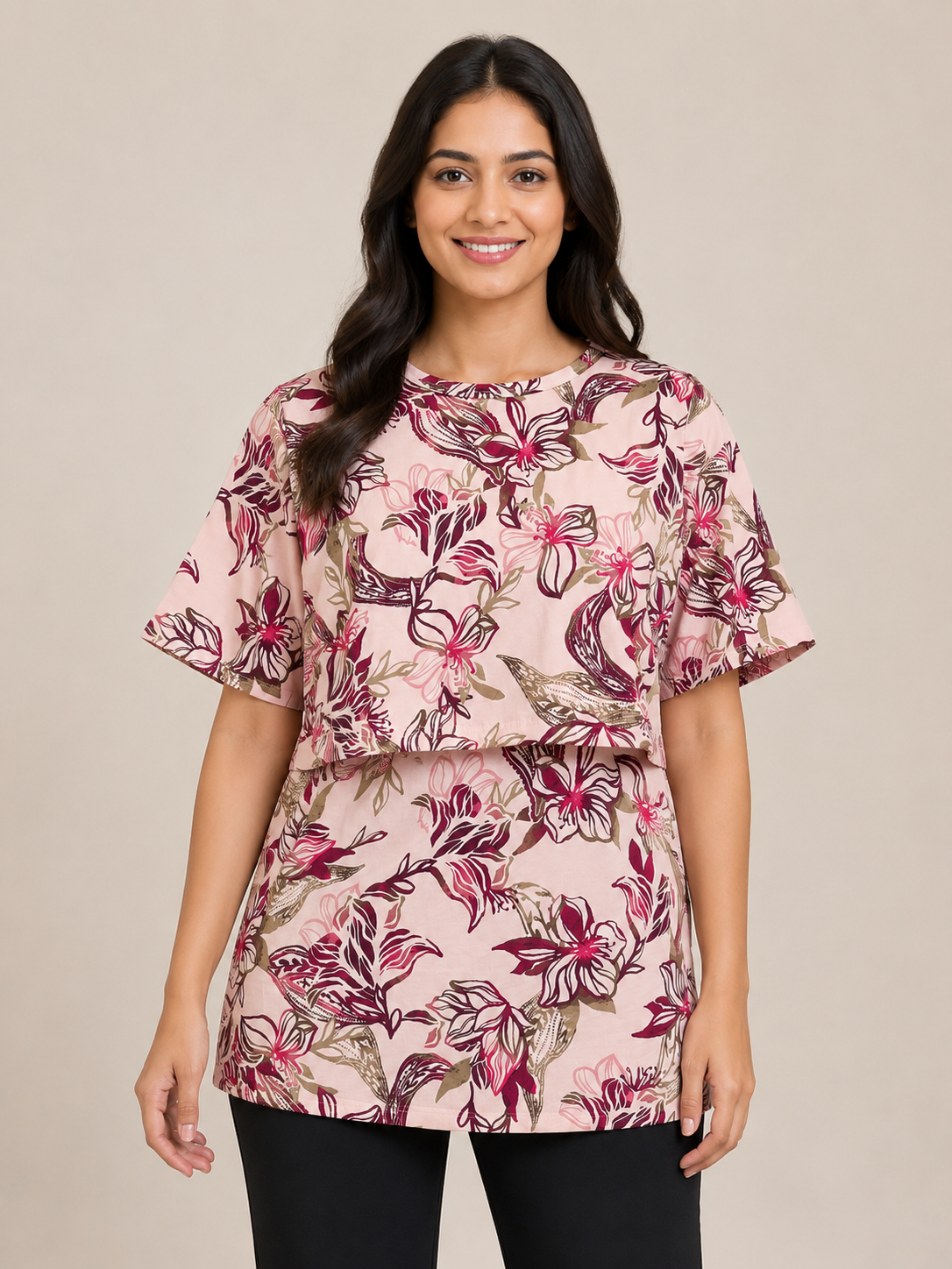 Blush Pink Burgundy Botanical Floral Print Feeding Maternity T-Shirt