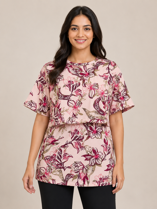 Blush Pink Burgundy Botanical Floral Print Feeding Maternity T-Shirt