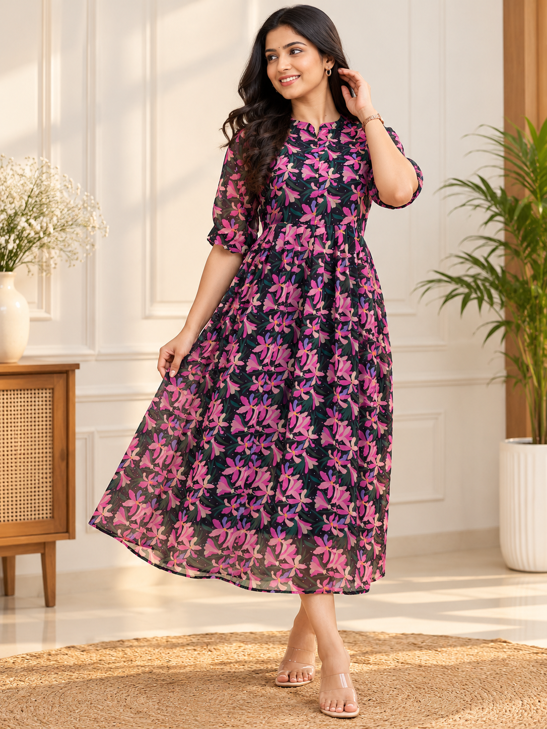 Black Pink Floral Print Center Zip Maxi Dress