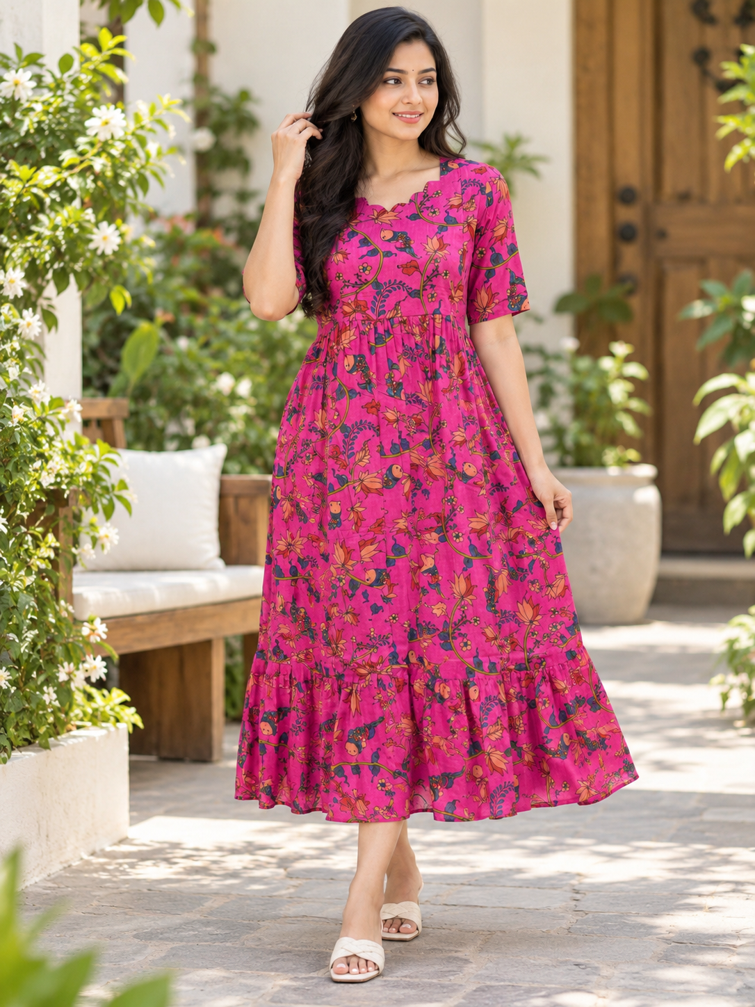 Hot Pink Floral Bird Print Feeding Maxi
