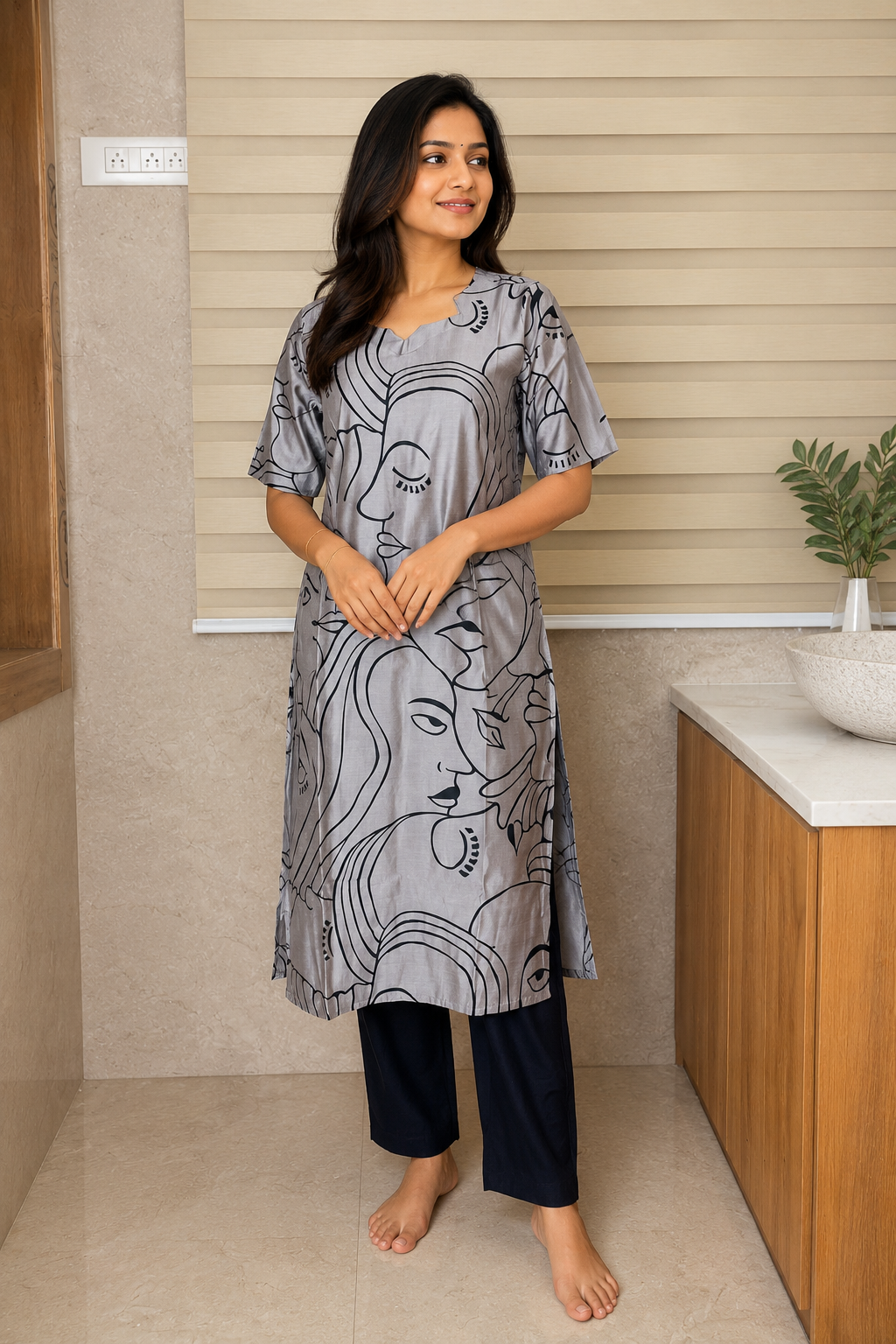 Chanderi Cotton Kurti with Silk Pant Grey Abstract Face Print
