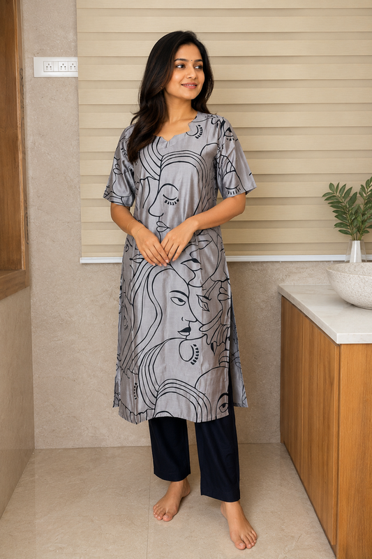 Chanderi Cotton Kurti with Silk Pant Grey Abstract Face Print