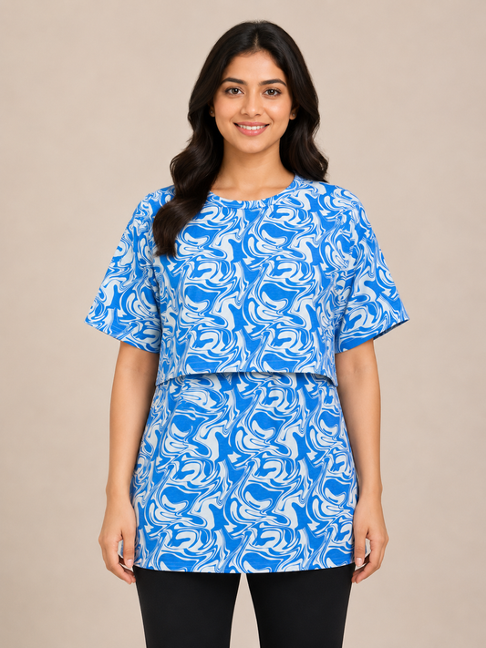 Sky Blue Ocean Wave Abstract Print Feeding Maternity T-Shirt