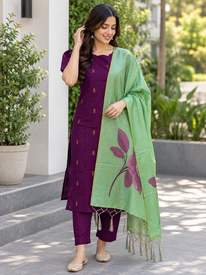Wine Purple & Mint Green Printed Women’s 3 Piece Set