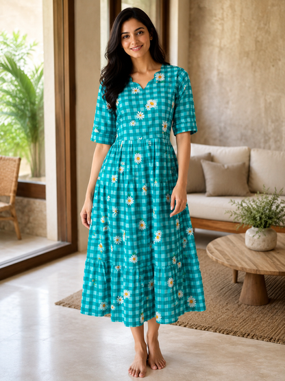 Mul Cotton Fabric Aqua Green Flower Check Print Non-Feeding Maternity Maxi