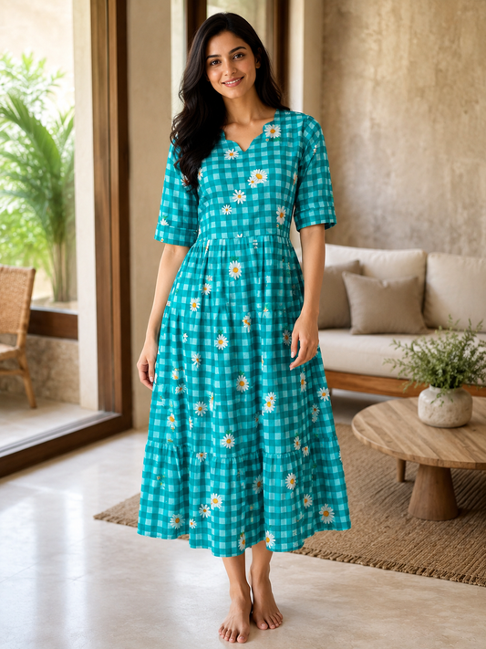 Mul Cotton Fabric Aqua Green Flower Check Print Non-Feeding Maternity Maxi