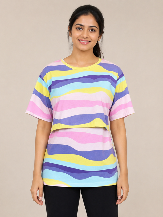 Pastel Multi Wavy Stripe Print Feeding Maternity T-Shirt
