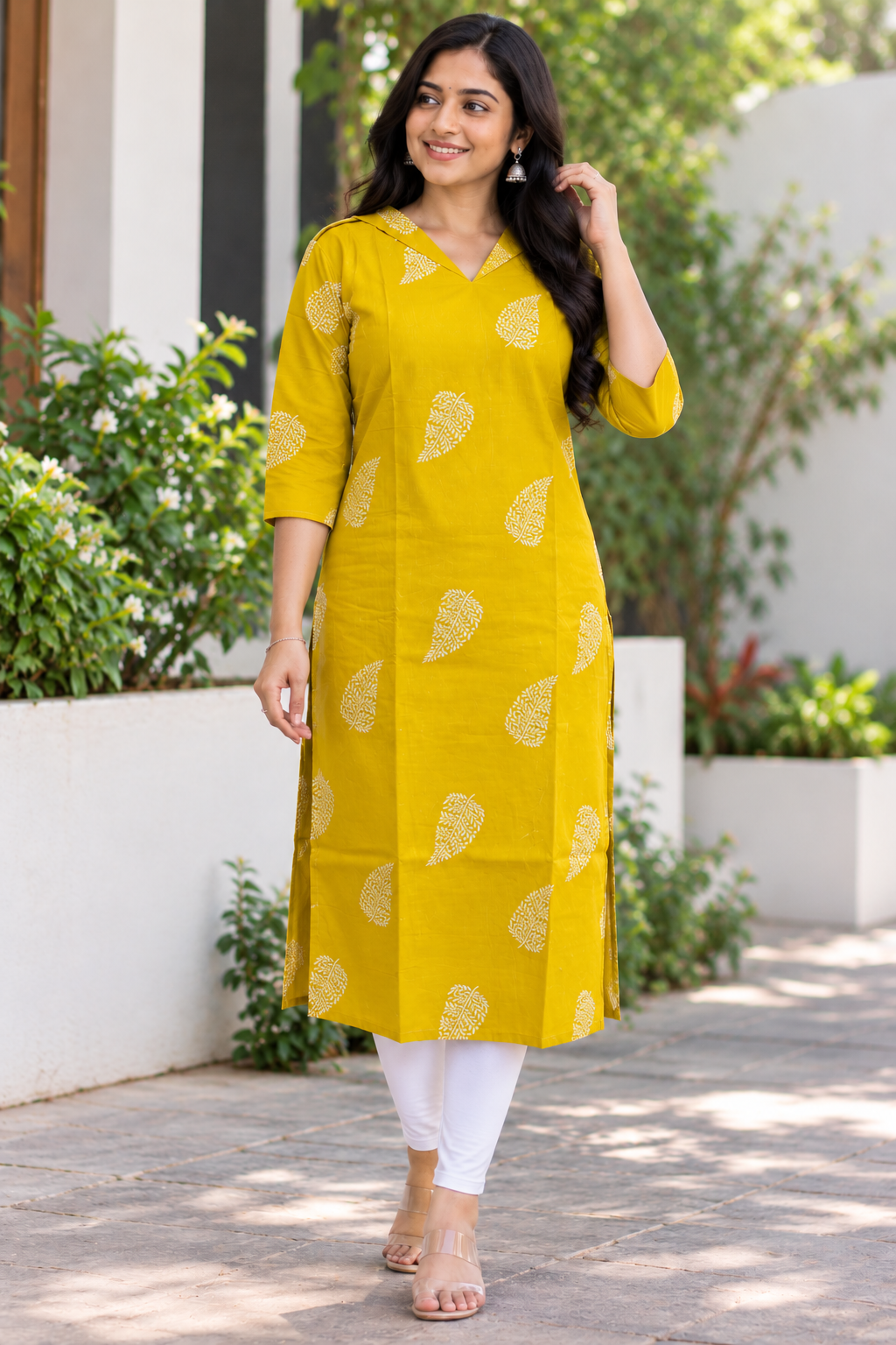 Mustard Yellow White Floral Print Kurti Top