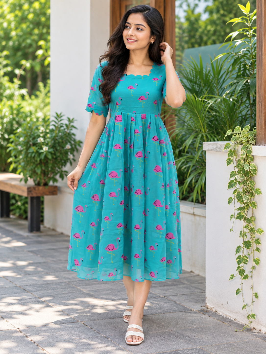 Turquoise Flamingo Print Feeding Maxi Dress