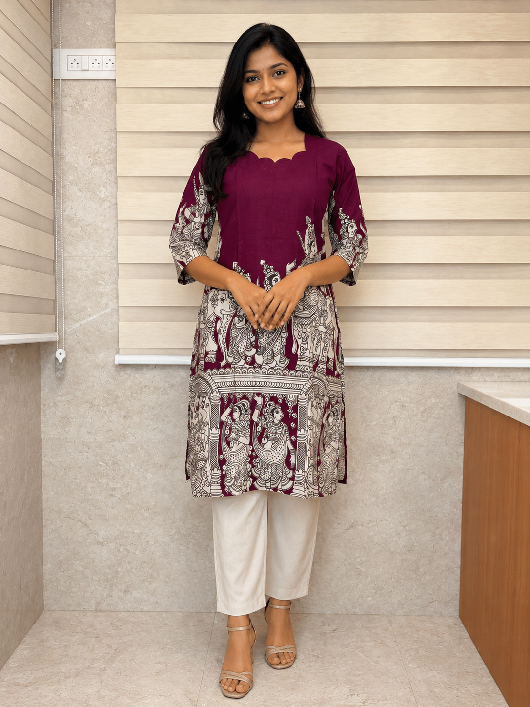 Kalamkari Wine Purple Temple Border Cotton Long Top