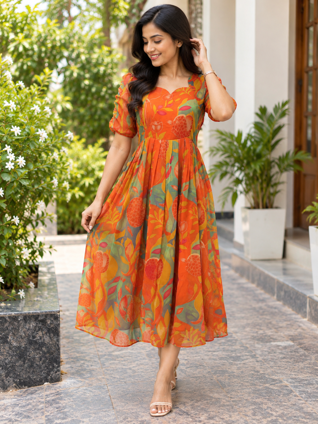 Coral Orange Pomegranate Floral Feeding Maxi Dress