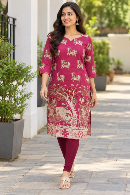 Berry Pink Kalamkari Cow Print Kurti Top