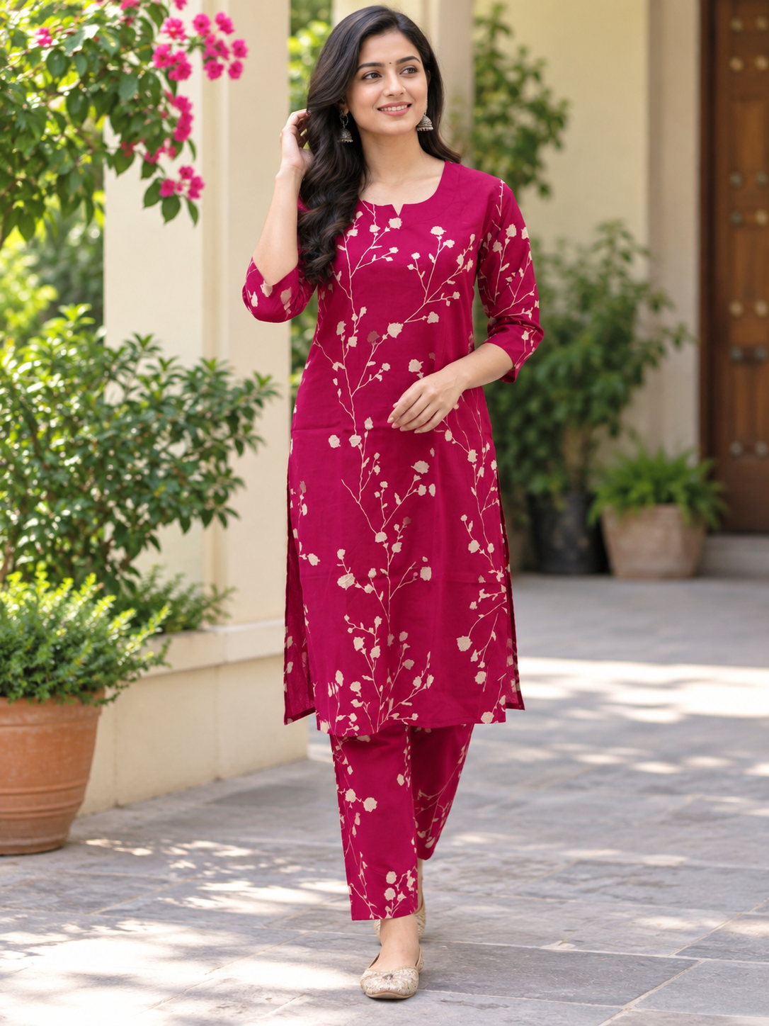 Raspberry Pink Floral Printed Kurti Set