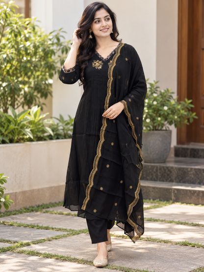 Black Golden Butti Embroidered Mul Chanderi Silk 3-Piece Kurta Set