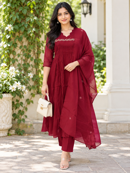 Mul chanderi A line With Work Wine Red Embroidered 3-Piece Suit