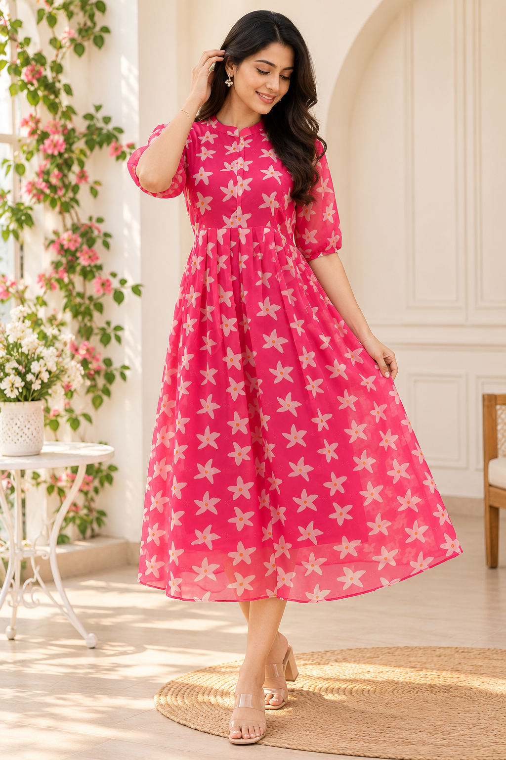 Hot Pink White Floral Print Center Zip Maxi Dress
