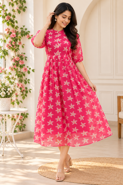 Hot Pink White Floral Print Center Zip Maxi Dress