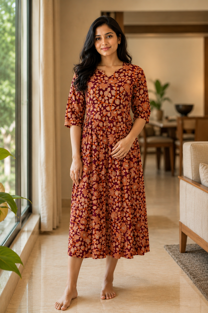 Mul Cotton Fabric Maroon Floral Paisley Print Non Feeding Maxi