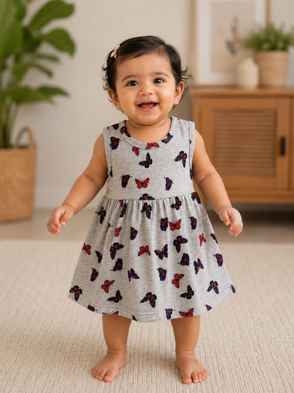 Grey Butterfly Print Sleeveless Frock